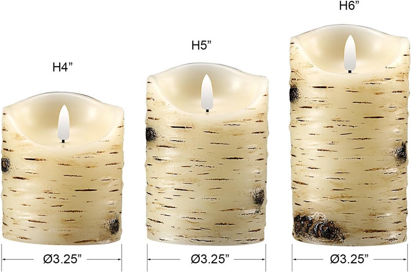 qinxiang Flameless Candles LED Candles Birch Bark Set of 3 (D 3.25" x H 4" 5" 6") Ivory Real Wax Pillar Battery Operated Candles with LED Flame 10-Key Remote Control and Cycling 24 Hours Timer - Image 2